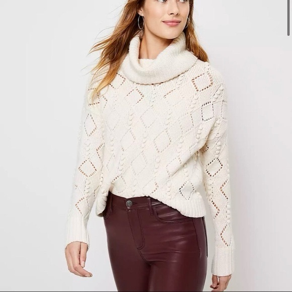 LOFT Turtleneck Sweater‎ Diamond Bobble Pattern Women Size XS White Cream Winter - Picture 1 of 14